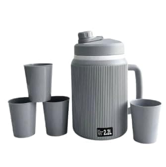 Picnic Water Bottle with Cups – Ribbed Cold Drink Container with Side Handle for Easy Carry and Pour and Top Lid for Outdoor Use (H), 2.2L