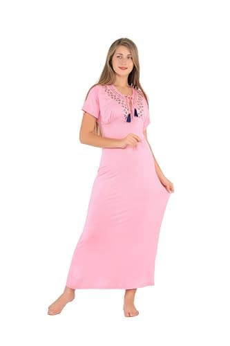 Dadosh Women's Summer Long Nightgown Embroidered Chest Nightgown, Summer Nightgown Short Sleeve Comfortable Fit Elegant Design Attractive Colors Nightgown nightshirt