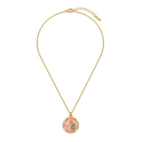 Gold Round Pendant Necklace Pink Enamel Butterfly Design Green Leaf Fashion Jewelry for Women -Mg_st10004