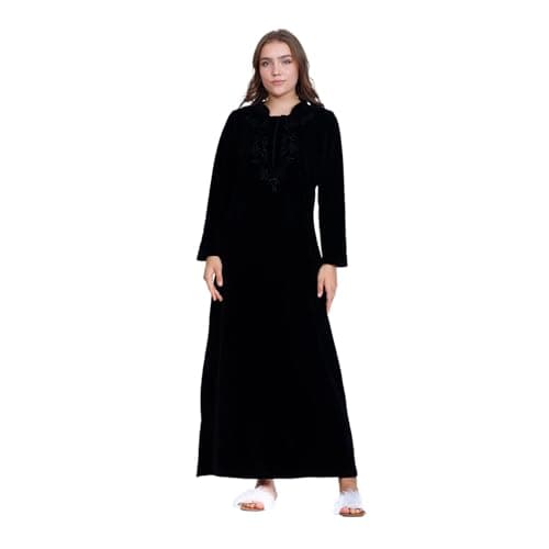 Zecotex Winter Black Velvet Cotton Abaya Nightgowns for Women - Special Cut on Both Sides - Black Embroidered on Front - Long Dress Comfortable Home wear for Women Nightgown nightshirt