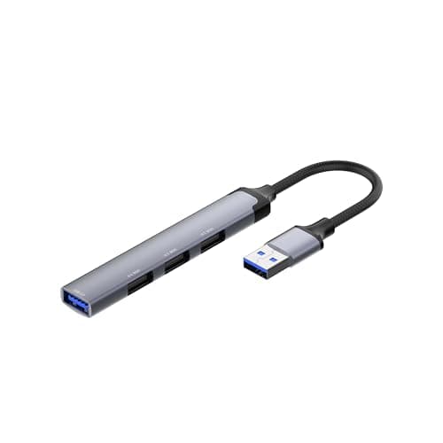 USB Hub Adapter DS-44U, 4-in-1 Multi-Port, Grey Aluminum, USB 3.0 and 2.0 Compatible, 5Gbps Speed, 120mm Cable, Plug and Play Multiport hub