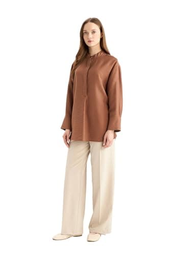 DeFacto Womens Relax Fit Tipped Neck CNS Woven Top Long Sleeve Tunic E1757AX Long Sleeve Tunic Shirt