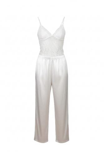 Women's Lace Shirt and Satin Pants Pajama Set, White
