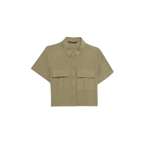 DeFacto Woman Smart Casual Cropped Fit Shirt Neck Short Sleeve Woven Top Short Sleeve Shirt,Light Khaki M