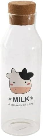 Clear Glass Milk Bottle 1000ml Cow Print Water Carafe with Airtight Wooden Lid for Fridge Juice Storage Reusable Beverage Container Dispenser Pitcher