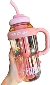 Large 1200ml Detox Bottle with Straw, Cute Plastic Water Bottle for Hot and Cold Drinks, Big Mug Design, Summer Outdoor Kettle, Lightweight and Durable, Hydration Solution (Pink)