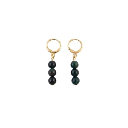 Gold Color Hoop Earrings With Dark Green Stone Beads, Elegant Design, Three Dangle Beads-Mg_cg120