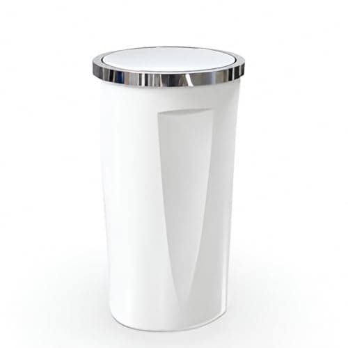 Primanova Swing Lid Trash Bin 35 Liter, Plastic Waste Basket with Chrome Look Rim, Round Garbage Can for Kitchen, Bathroom, Office and Home. (White)