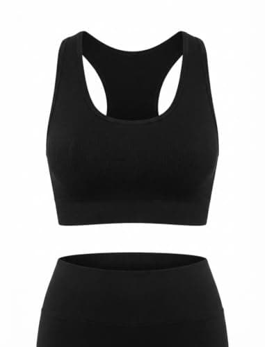 Women's Seamless U Neck Ribbed Slim Fit Sports Bra - Black - Workout & Daily Wear