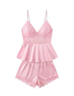 Women's 2 Piece Pajama Set – Lace Trim Top with Matching Shorts Comfortable Home Wear Sleepwear Lounge Daily Use – Code 7644