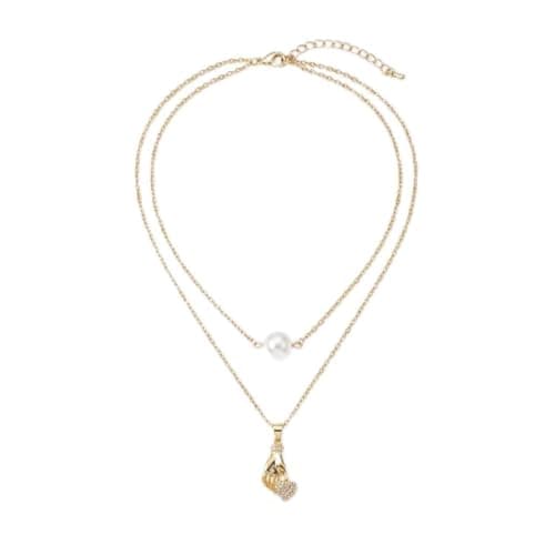 Gold Multilayer Necklace Pearl and Heart Necklace with Hand Design, Gold Chain with Lobster Clasp-Mg_cg10012