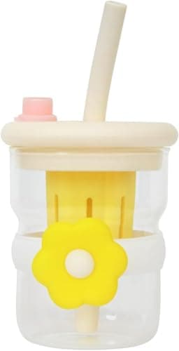Glass Cup with Straw 500ml, Reusable Drinking Tumbler with Secure Lid, Built-In Strainer and Flower Design for Water, Juice and Milk, GG-2521 (Yellow)