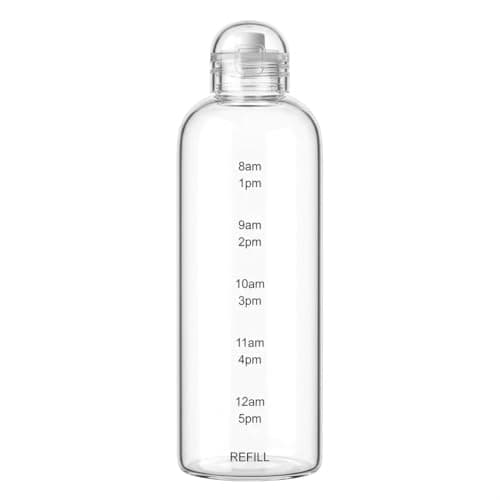 Generic Motivational Glass Water Bottle with Time Indicator, Leakproof Cap, Refill Reminder, Clear Minimalist Design, Medium Size.