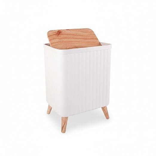 صندوق تخزين بلاستيكي أبيض بغطاء - من العقرب وأرجل خشبية | Flip-Top Lid, Raised Leg Design, Ribbed Texture, Home Organisation, Modern Style Storage box