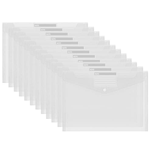 JaAoyoo A4 Plastic Wallet Folder, 12 Pack Plastic File Folders, Waterproof A4 Popper Wallets, Clear Plastic Document File Folders with Label Pocket, for Office, School, Home, Travel