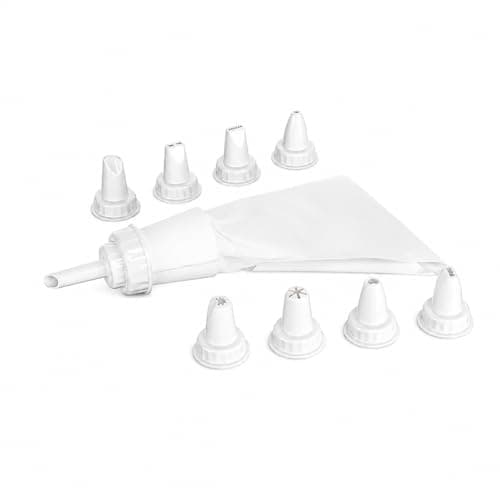 Cake Decorating Piping Bag Set – BPA-Free Food Contact Plastic – Cream Pastry Bag with 8 Nozzles – Reusable Baking Tool for Cakes, Cupcakes & Desserts – 17 × 23 × 4.5 cm (White)