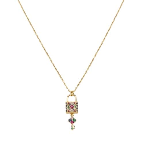 Gold Tone Lock And Key Pendant With Colorful Crystal Stones Fashion Jewelry For Women -Mg_cg10040 Necklace