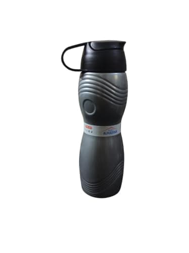 Sports water bottle featuring grey color and ergonomic hand design. 750ml