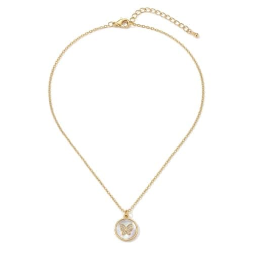 Gold-Tone Butterfly Pendant Necklace, Mother of Pearl Circle Charm, Crystal Accent, Adjustable Chain-Mg_cg10025