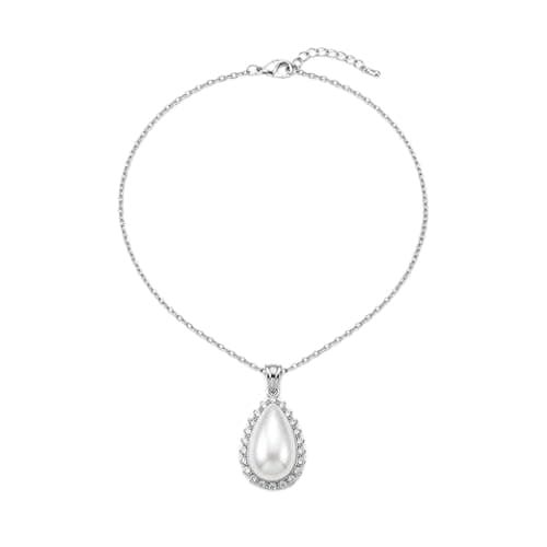 White Water Drop Pearl Pendant Necklace Silver Chain With Crystal Stones Frame-Mg_cg10000