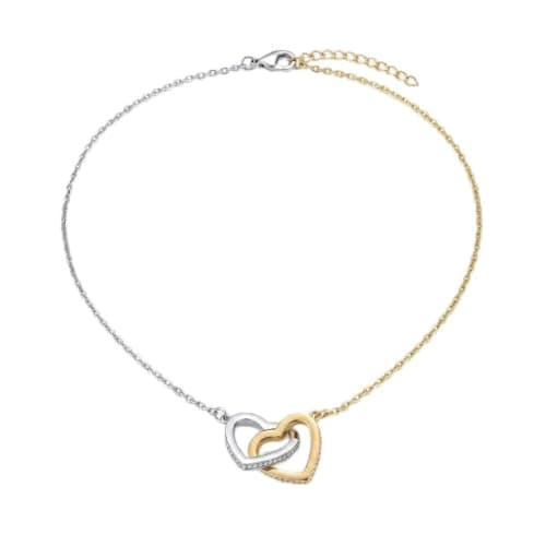 Two Interlocking Hearts Necklace, Silver And Gold, Double Color Chain With Shiny Stones-Mg_cg10008