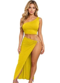Women's One Shoulder Crop Top and Wrap Skirt Nightwear Set with Chain Detail, Model 714 Nightgown nightshirt