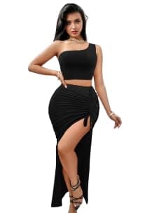 Women's One Shoulder Crop Top and High Slit Skirt Nightwear Set, Model 712 Nightgown nightshirt