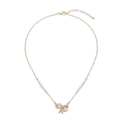 Gold Color Bow Necklace With Pearls And Clear Crystal Stone Fashion Jewelry For Women-Mg_cg10051