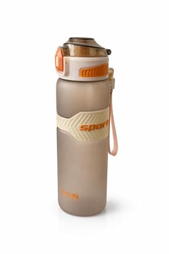 EYUN 1000ml Sports Water Bottle with Straw & Carry Strap, BPA Free Leakproof Plastic Gym & Fitness Bottle, 1 Liter Reusable Drinking Bottle for School, Office & Outdoor Activities (Beige)