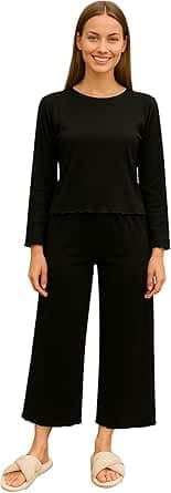 Women's Soft Knit Lounge Pajama Set, Long Sleeve Top & Wide-Leg Pants, Lightweight Sleepwear for Home, Relax, Travel