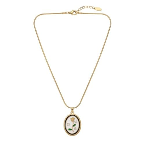 Gold Oval Pendant Necklace Rose Design With Green Leaves And Crystal Stones Snake Chain -Mg_st10001 white