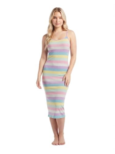 Women's Pastel Striped Midi Slip Dress, Sleeveless | Spaghetti Straps, Body-Con Fit, Rainbow Stripes, V-Neckline, Casual Loungewear