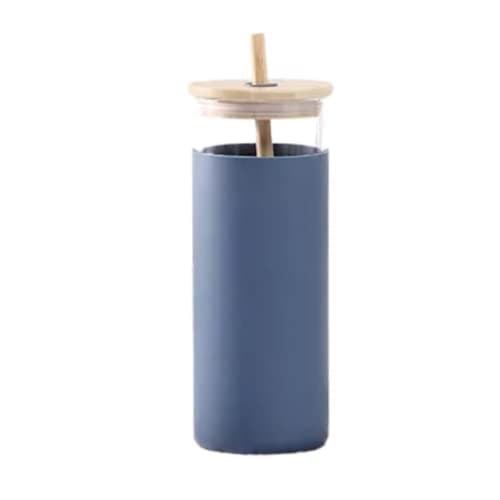 Glass Tumbler, Glass Water Bottle, Bamboo Straw, Silicone Protective Sleeve, Bamboo Lid, BPA Free. (BLUE) Item container