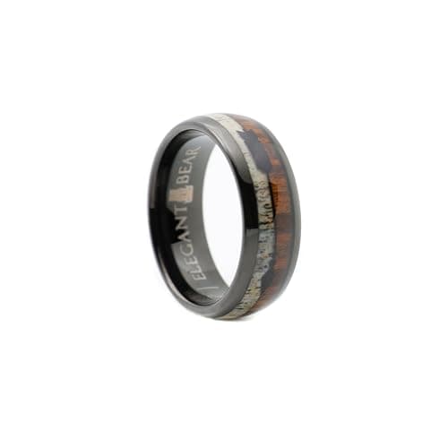 Black Tungsten Carbide Ring inlaid with Natural Koa Wood and Natural deer ivory A101