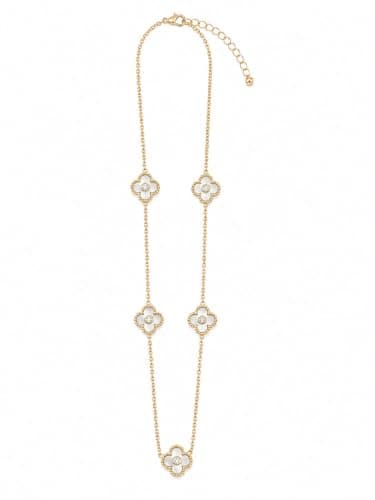 Pearl Clover Stainless Steel Necklace with Crystal Accents, Tarnish-Resistant, for Everyday Wear