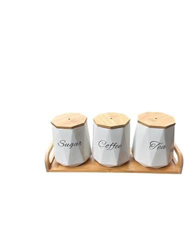 Porcelain Canister Set with Bamboo Lids and Tray, White, Sugar Coffee Tea, 4 Pieces, Geometric Design Food storage container
