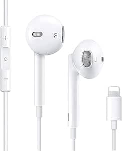 Wired Earphones With 8 Pin L Connector In-Line Volume Control And Microphone Without Bluetooth - White Headphones