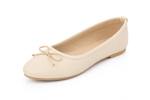 OG Women's Leather Matt Beige Ballerina Flats, Elegant Slip-On Shoes with Bow Detail & Natural Rubber Sole, Comfortable for Work & Casual Soft Beige.