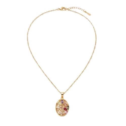 Gold Oval Pendant Necklace, Colorful Gemstones, Elegant Floral Design, Chain With Lobster Clasp-Mg_cg10003