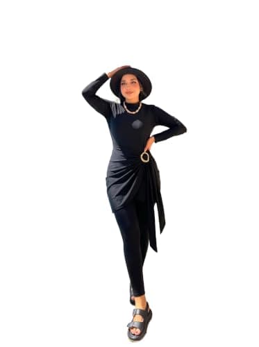 La Vie Women Swimwear Women's Modest Burkini Swimsuit – Long Sleeve Swim Top, Ruched Buckle Tie Skirt & Leggings