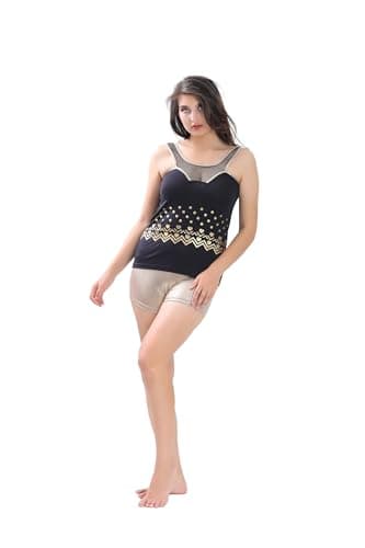 Black Women's Sports Set Tank Top with Shorts Glitter, Geometric Pattern Dots and Hearts, Mesh Neck