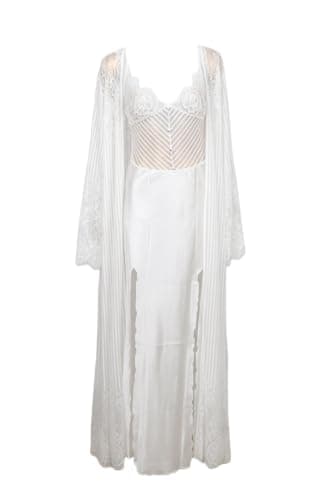 Women's White Lace Long Nightdress with Open Robe Nightgown nightshirt