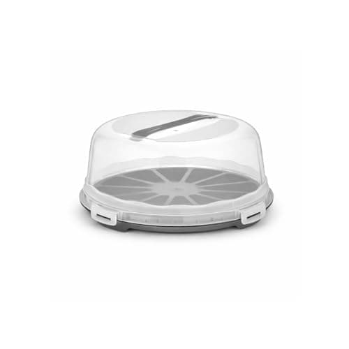 Round Cake Carrier Hard Plastic with Secure Locking Clips & Transparent Dome Lid, Portable Cake Storage Container with Handle, 33.6 cm Diameter x 15.3 cm Height. (Grey) Food storage container