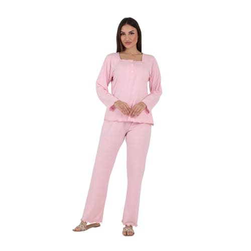 ZECOTEX Women's Cotton Pajama Set Long Sleeve | Embroidered Details, Relaxed Fit, Sleepwear and Loungewear | Sizes M to 3XL