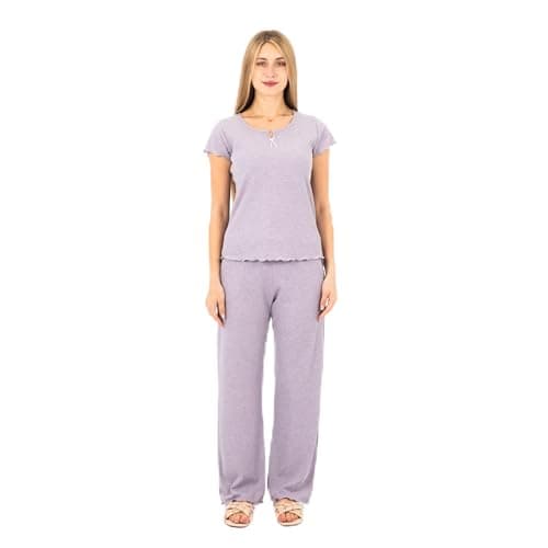 ZECOTEX Women's Summer Pajama Set | Soft Breathable Ribbed Cotton | Short Sleeve Top with Pants | Loungewear, Sizes S to 3XL