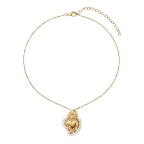 Gold Tone Pendant Necklace Holy Heart with Pearls, Thin Chain with Lobster Clasp-Mg_st10013