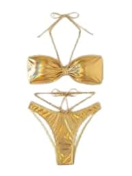 Women's 2 Piece Gold Glitter Disco Leather Bikini HN 6035 One Size Swimwear