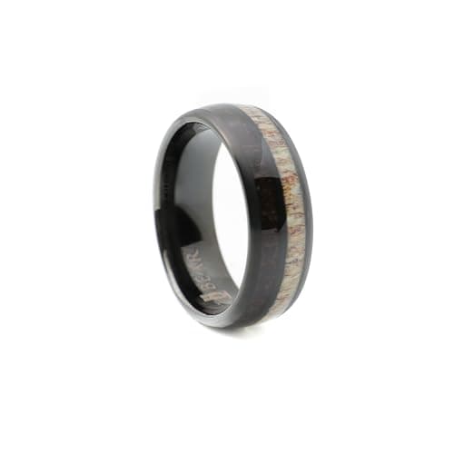 Black Tungsten Carbide Ring inlaid with Natural Koa Wood and Natural Deer Ivory A114
