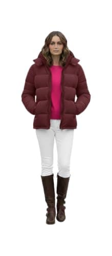 Women's Hooded Puffer Jacket, Burgundy, Quilted Down-Style, Winter Outerwear, Zip-Up Coat