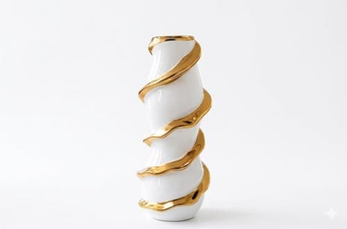 Home Care E-781 Large White & Gold Spiral Vase Luxury Decorative Vase with Elegant Spiral Design and White Gold Finish
